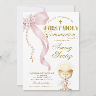 Pink Bow Coquette Rosary first holy communion Invi Invitation