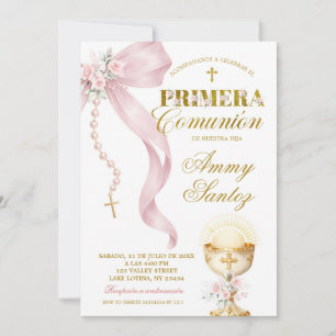 Pink Bow Coquette Rosary first holy communion Invi Invitation