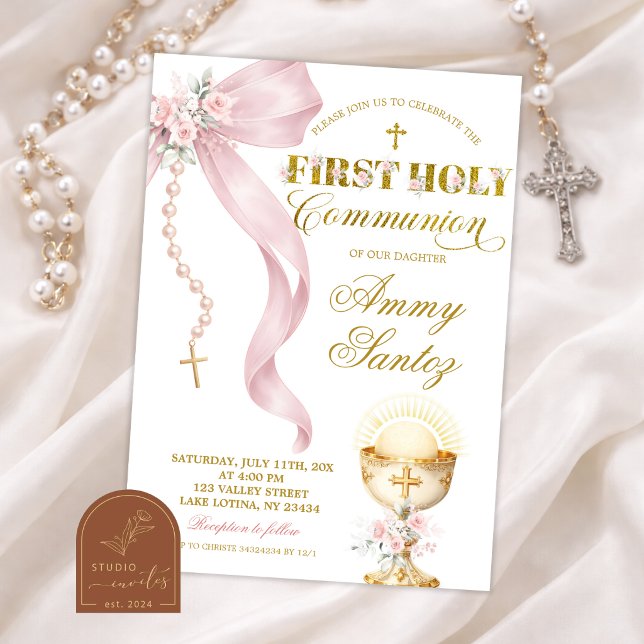 Pink Bow Coquette Rosary first holy communion Invitation (Creator Uploaded)