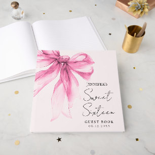 Pink Bow Coquette Script Sweet 16 Party Blush  Guest Book