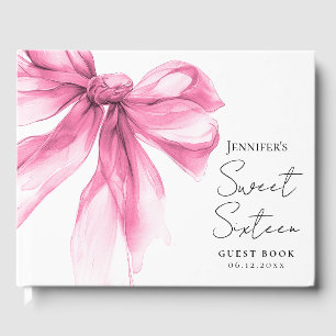 Pink Bow Coquette Script Sweet 16 Party  Guest Book