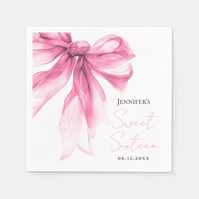Pink Bow Coquette Script Sweet 16 Party  Napkin (Front)