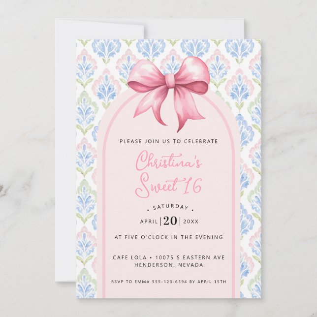 Pink Bow Coquette Sweet 16 Invitation (Front)