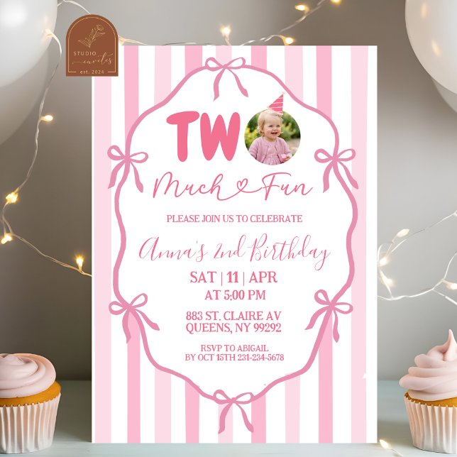 Pink Bow Coquette TWO much fun birthday Invitation (Creator Uploaded)