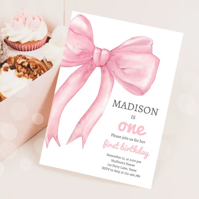Pink Bow Coquette Wanna Be One Girl First Birthday Invitation (Creator Uploaded)