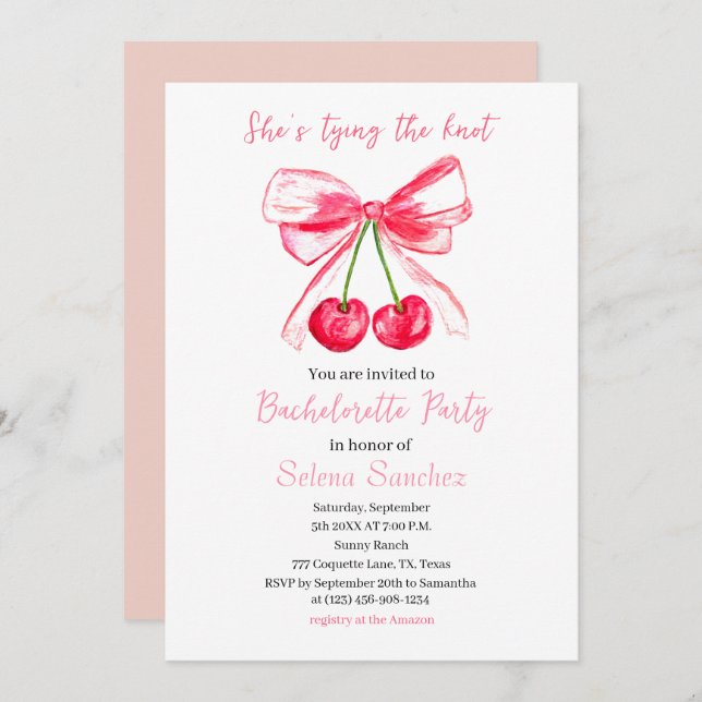 Pink Bow Coquette Watercolor Bachelorette Party Invitation (Front/Back)