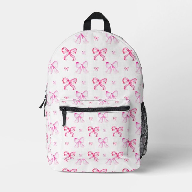 Pink Bow Coquette Watercolor Cute Printed Backpack (Front)
