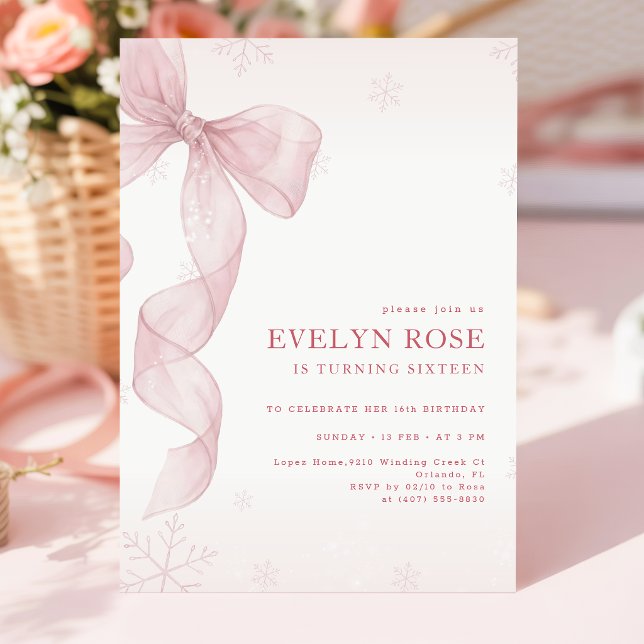 Pink Bow Coquette Winter 16th Birthday Party Invitation (Creator Uploaded)