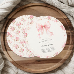Pink Bow Cottage Floral Girl Round Baby Shower Invitation