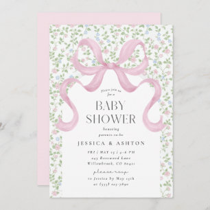 Pink Bow Cottagecore Floral Baby Shower Invitation