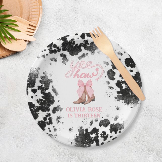 Pink Bow & Cowgirl Boots Coquette Western Birthday Paper Plate (Creator Uploaded)