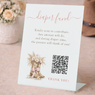 Pink Bow Cowgirl Girly Baby Shower Diaper Fund QR Pedestal Sign