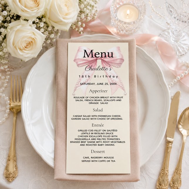 Pink bow cream birthday menu card (Creator Uploaded)