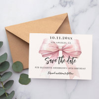 Pink bow cream birthday party Save the Date card