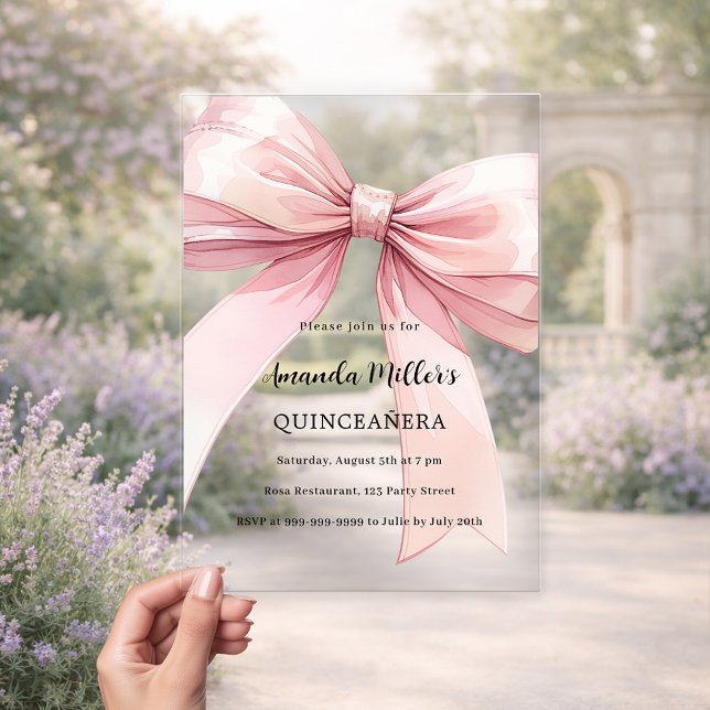 Pink bow cream clear Quinceanera Acrylic Invitations (Creator Uploaded)