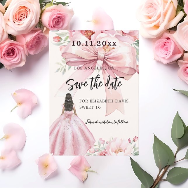 Pink bow cream dress Sweet 16 Save the Date card (Creator Uploaded)