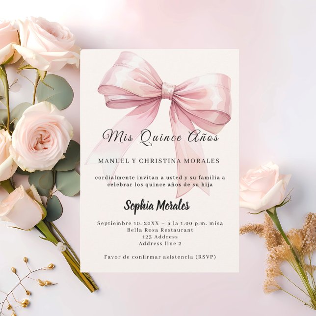 Pink bow cream elegant Quinceanera Invitation (Creator Uploaded)