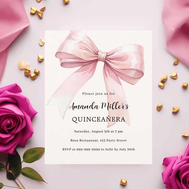 Pink bow cream elegant Quinceanera invitation (Creator Uploaded)