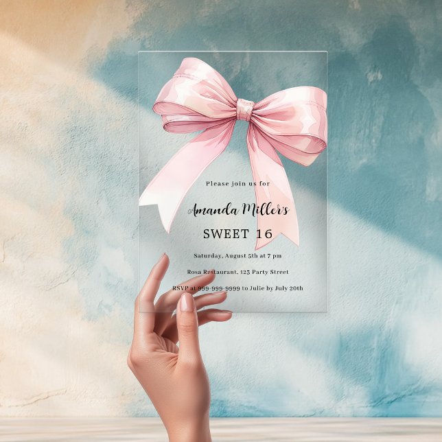 Pink bow cream elegant SWEET 16 clear Acrylic Invitations (Creator Uploaded)