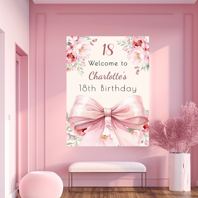 Pink bow cream florals birthday welcome sign (Creator Uploaded)
