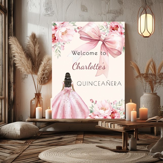 Pink bow cream florals dress Quinceanera welcome Poster (Creator Uploaded)