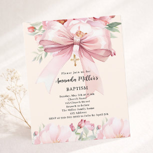 Pink bow cream florals girl Baptism invitation