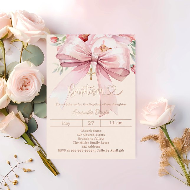 Pink bow cream florals girl Baptism rose gold (Creator Uploaded)
