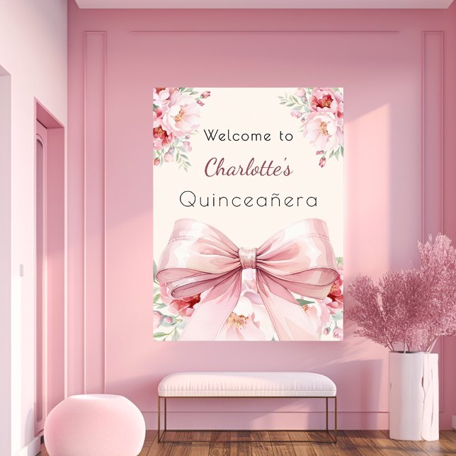 Pink bow cream florals Quinceanera welcome Poster (Creator Uploaded)
