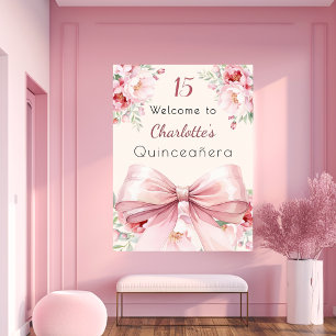 Pink bow cream florals Quinceanera welcome sign