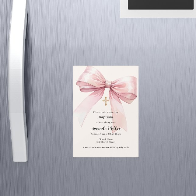 Pink bow cream girl Baptism Magnetic Invitation (Creator Uploaded)