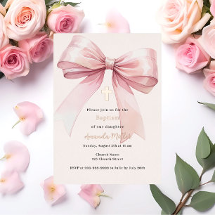 Pink bow cream girl Baptism rose gold
