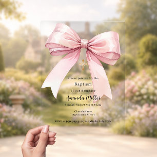 Pink bow cream girl clear Baptism Acrylic Invitations