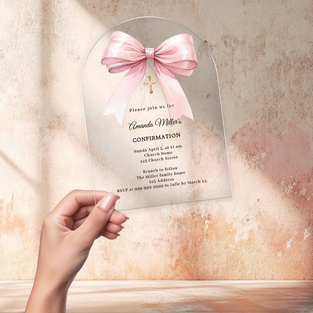 Pink bow cream girl Confirmation arch Acrylic Invitations (Creator Uploaded)