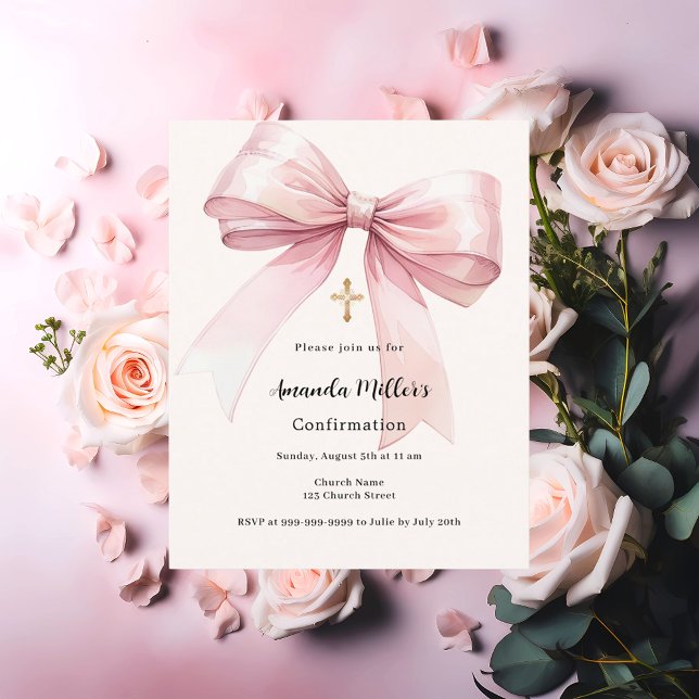Pink bow cream girl Confirmation invitation (Creator Uploaded)