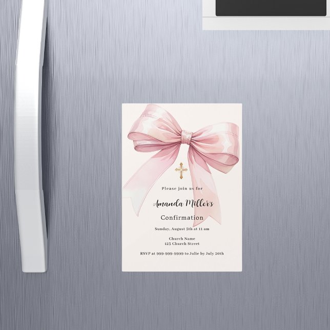 Pink bow cream girl Confirmation Magnetic Invitation (Creator Uploaded)