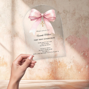 Pink bow cream girl First Communion arch Acrylic Invitations