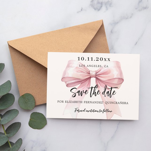 Pink bow cream Quinceanera Save the Date card (Creator Uploaded)
