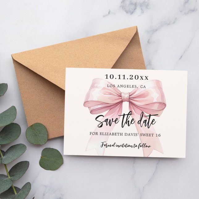 Pink bow cream Sweet 16 Save the Date card (Creator Uploaded)