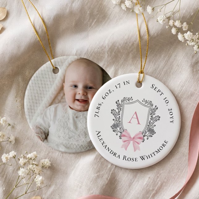 Pink Bow Crest Baby Monogram Birth Stats Photo Ceramic Tree Decoration (Pink Bow Crest Baby Monogram Birth Stats Photo Ceramic Ornament)