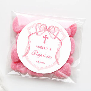 Pink Bow Crest Baptism Classic Round Sticker