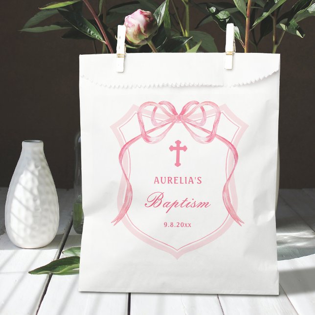 Pink Bow Crest Baptism Favour Bags (Creator Uploaded)