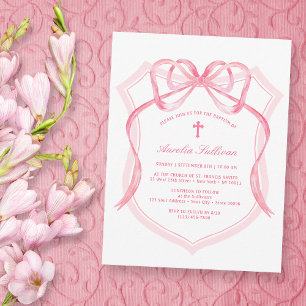 Pink Bow Crest Baptism Invitation
