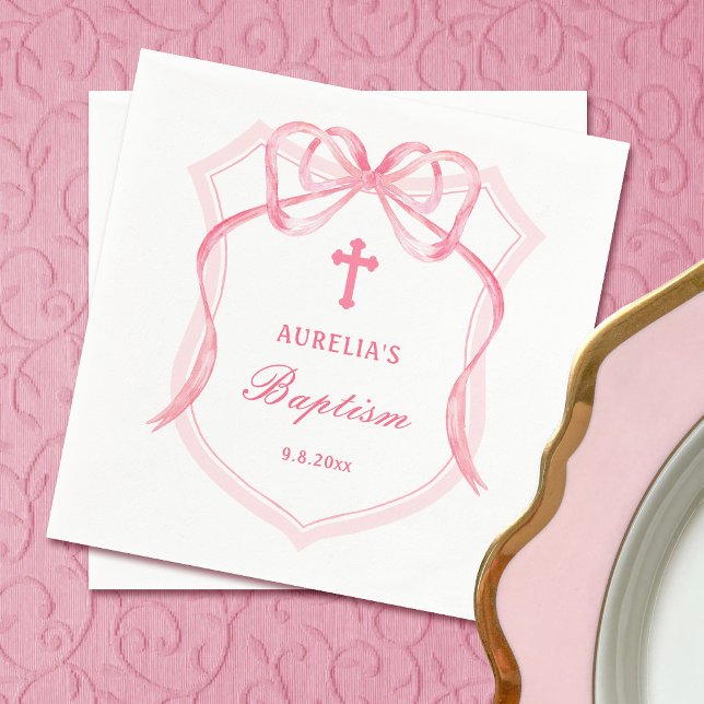 Pink Bow Crest Baptism Napkin (Creator Uploaded)