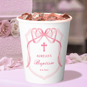 Pink Bow Crest Baptism Paper Cups