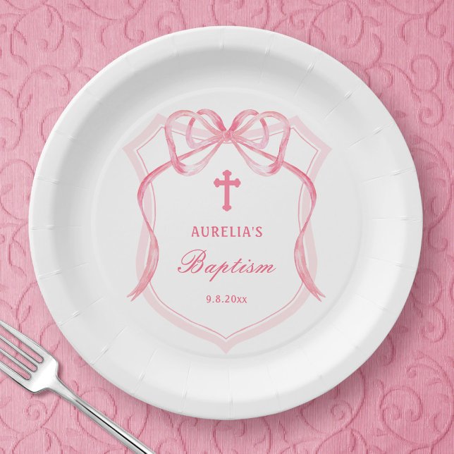 Pink Bow Crest Baptism Paper Plate (Creator Uploaded)