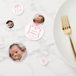 Pink Bow Crest Baptism Table Confetti