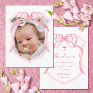 Pink Bow Crest Baptism Thank You Card