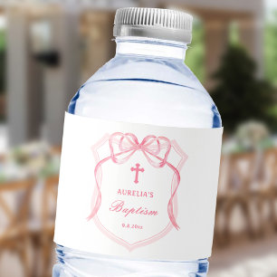 Pink Bow Crest Baptism Water Bottle Label