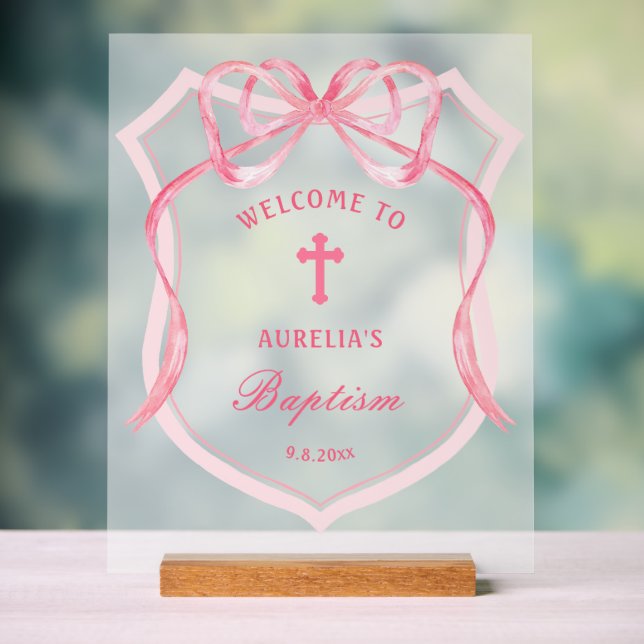 Pink Bow Crest Baptism Welcome Acrylic Sign (Neutral)