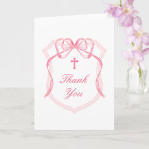Pink Bow Crest Holy Cross Religious Thank You Card